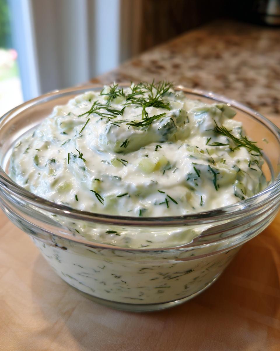 A close-up of a clear glass bowl filled with creamy Tzatziki sauce, garnished with fresh dill.