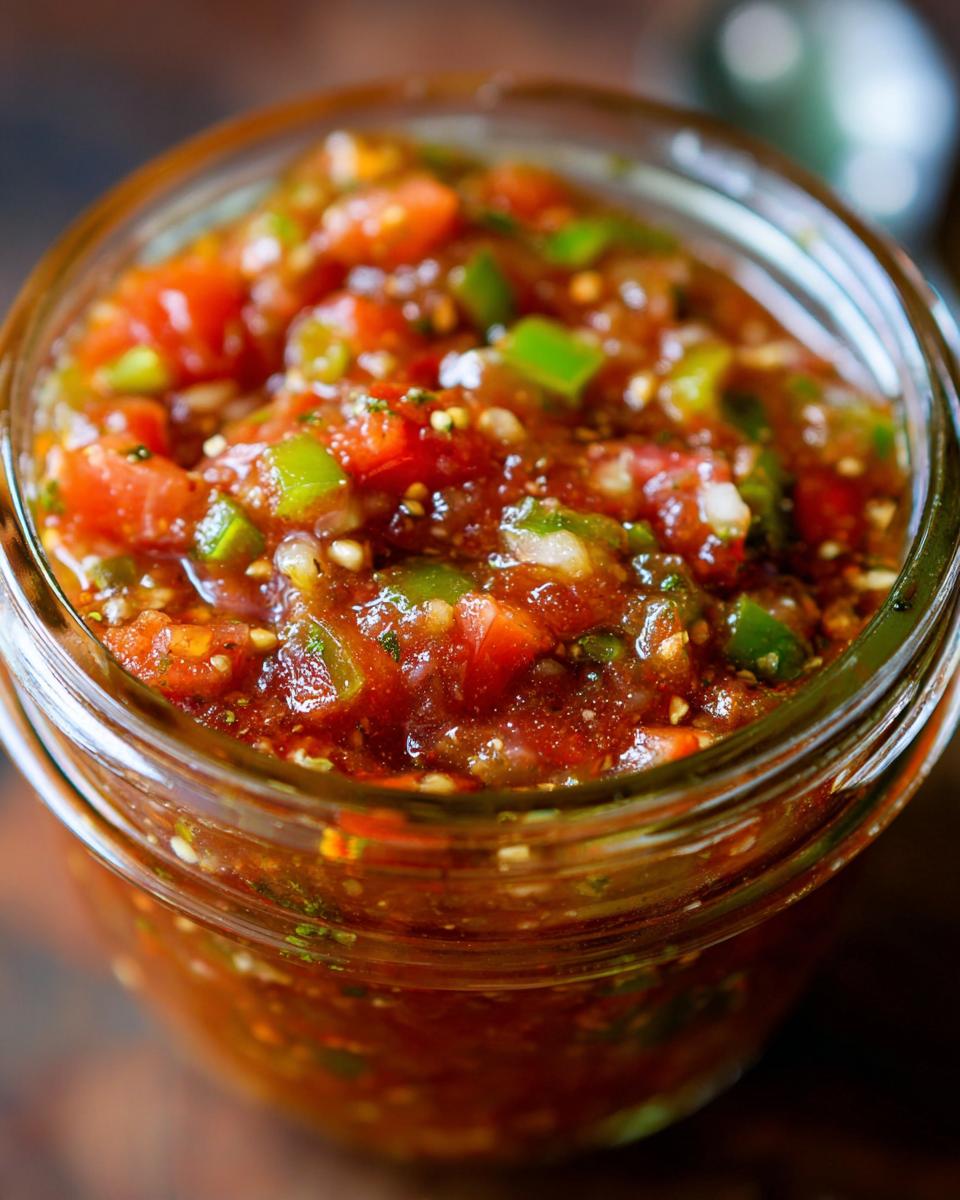 Close-up of a jar filled with vibrant Fresh Tomato Canned Salsa, showcasing chopped tomatoes, jalapeños, and onions.