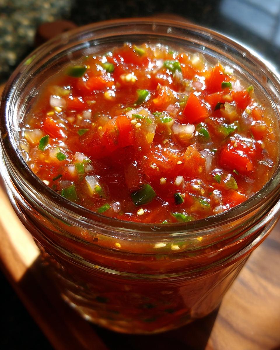 Close-up of a glass jar filled with vibrant, chunky fresh tomato canned salsa, showing diced tomatoes, onions, and jalapeños.