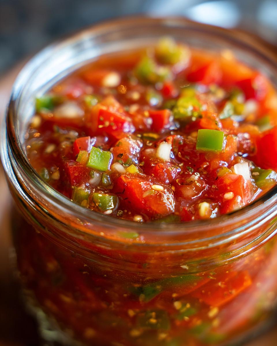 Close-up of a glass jar filled with vibrant fresh tomato canned salsa, showing diced tomatoes, green peppers, and onions.