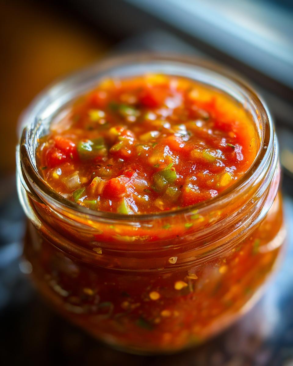Close-up of a glass jar filled with vibrant Fresh Tomato Canned Salsa, showing chunks of tomatoes and peppers.