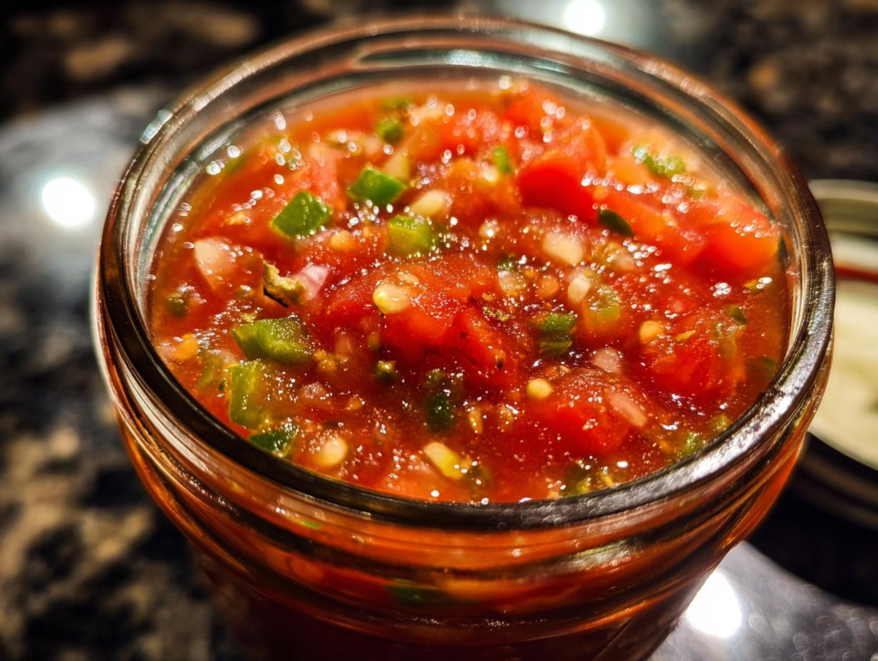 Close-up of a jar filled with fresh tomato canned salsa, showing chunks of tomatoes, jalapenos, and onions.
