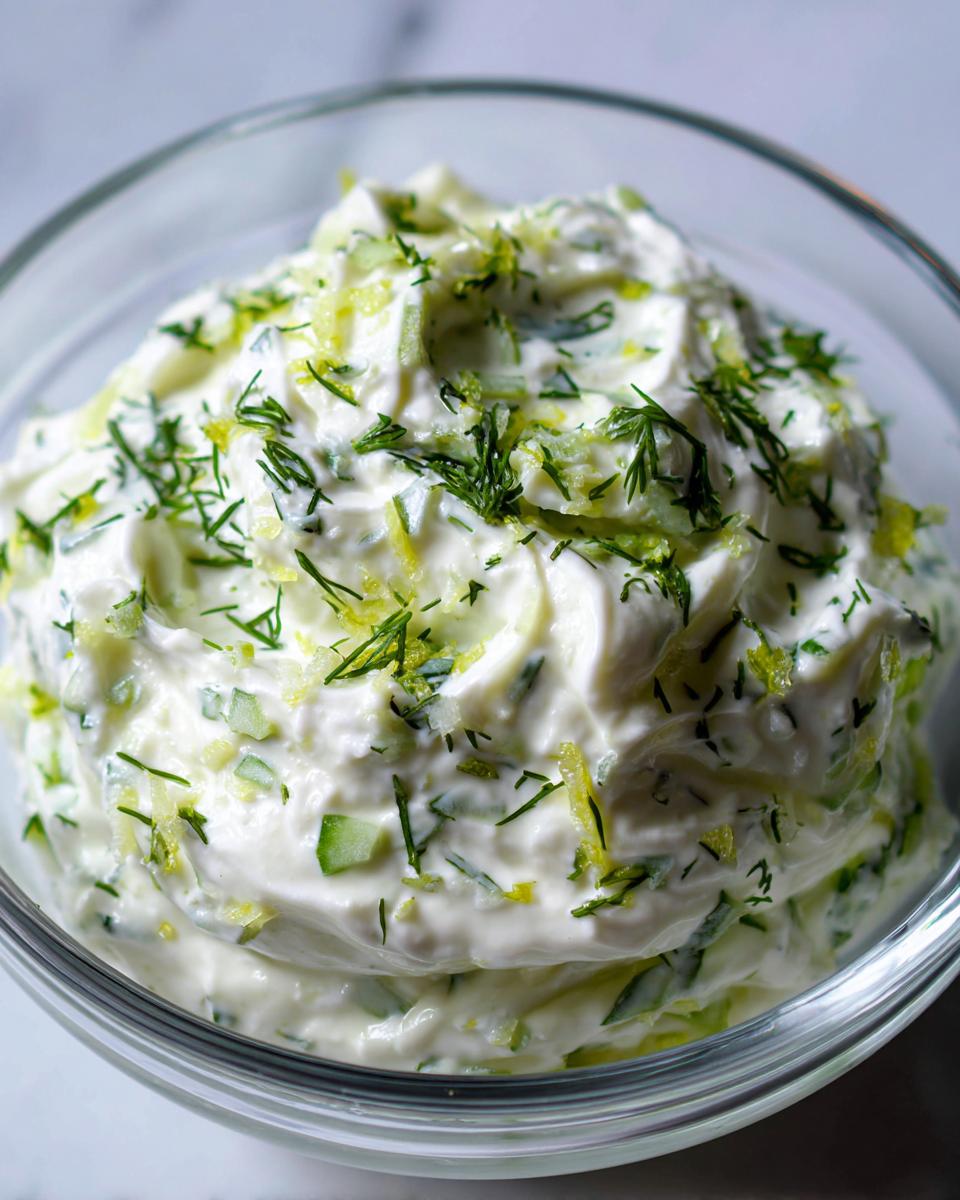 A close-up of creamy Tzatziki sauce in a glass bowl, topped with fresh dill and cucumber zest.