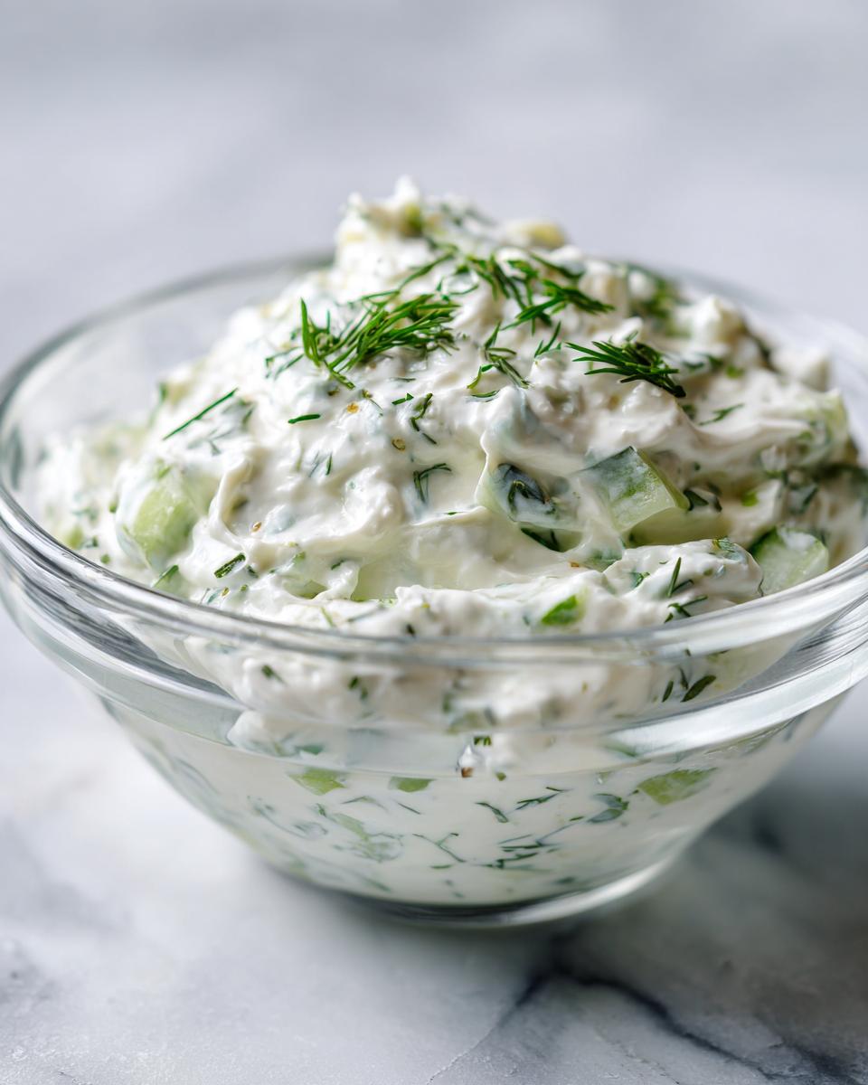 Close-up of creamy Tzatziki sauce with diced cucumber and fresh dill in a clear glass bowl.