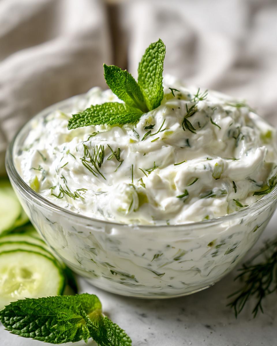 A close-up of creamy Tzatziki sauce in a glass bowl, garnished with fresh mint and dill, with cucumber slices on the side.