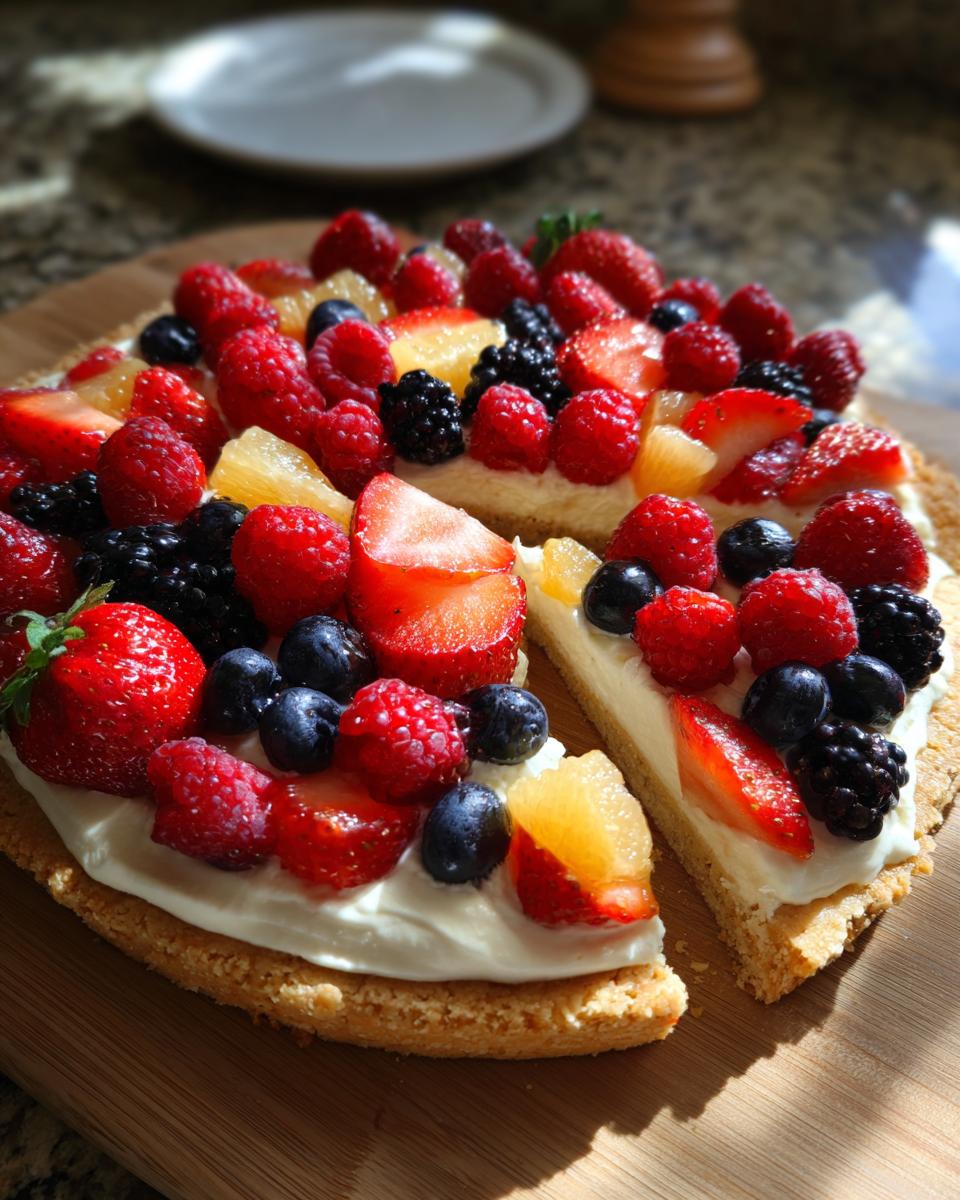 A vibrant fruit pizza sugar cookie topped with cream cheese frosting and a colorful assortment of fresh berries and pineapple.