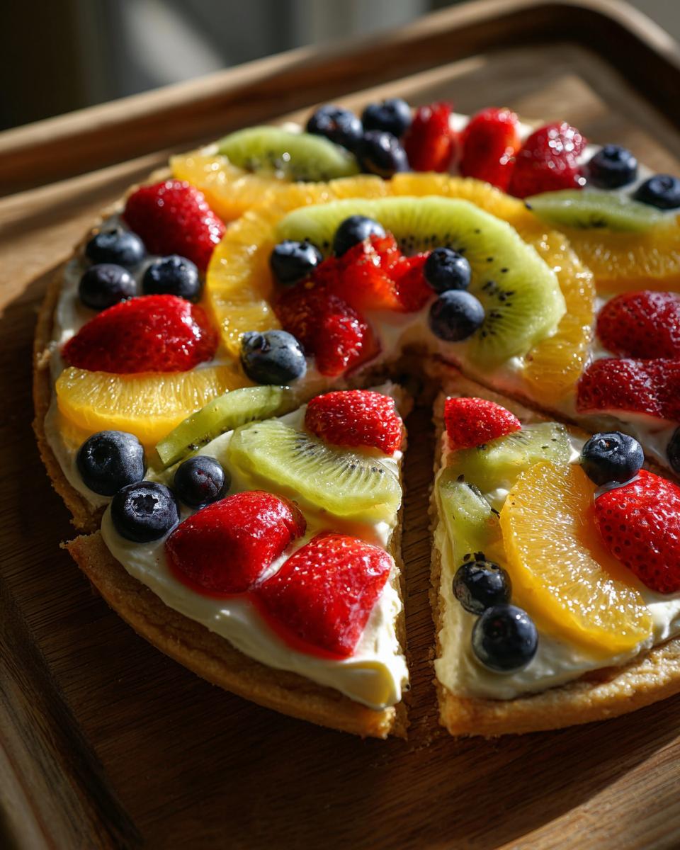 A vibrant fruit pizza sugar cookie topped with cream cheese frosting and an assortment of fresh strawberries, blueberries, kiwi, and orange slices.