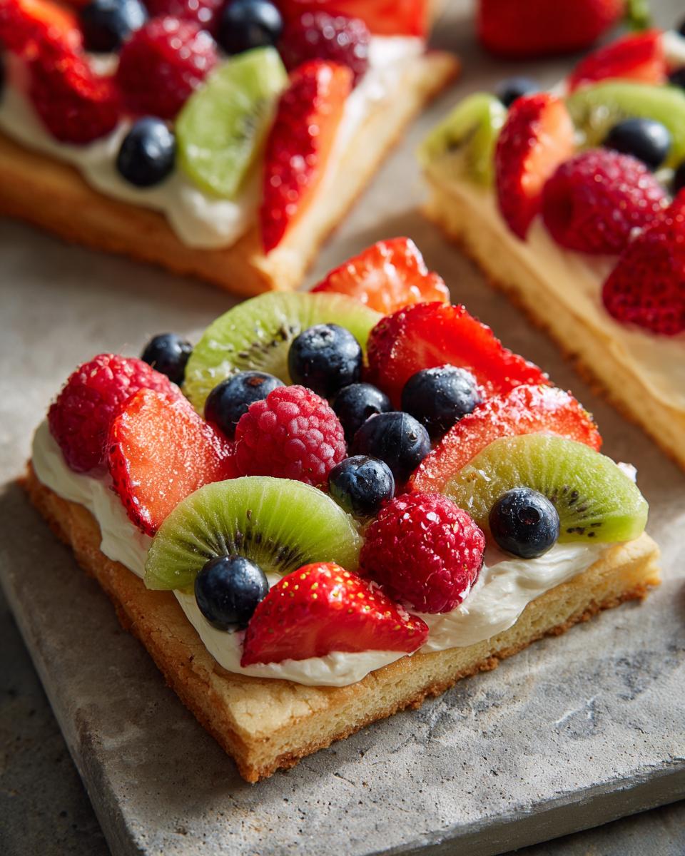 A close-up of a fruit pizza sugar cookie slice topped with cream cheese frosting and fresh berries and kiwi.