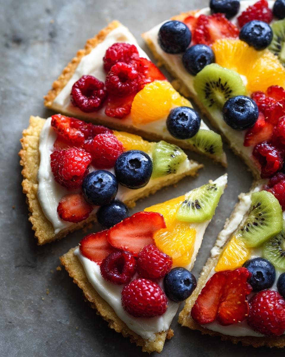 Close-up of slices of fruit pizza sugar cookie topped with cream cheese frosting and fresh berries, kiwi, and orange segments.