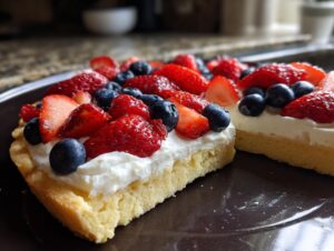 Close-up of two slices of fruit pizza sugar cookie topped with whipped cream and fresh strawberries and blueberries.