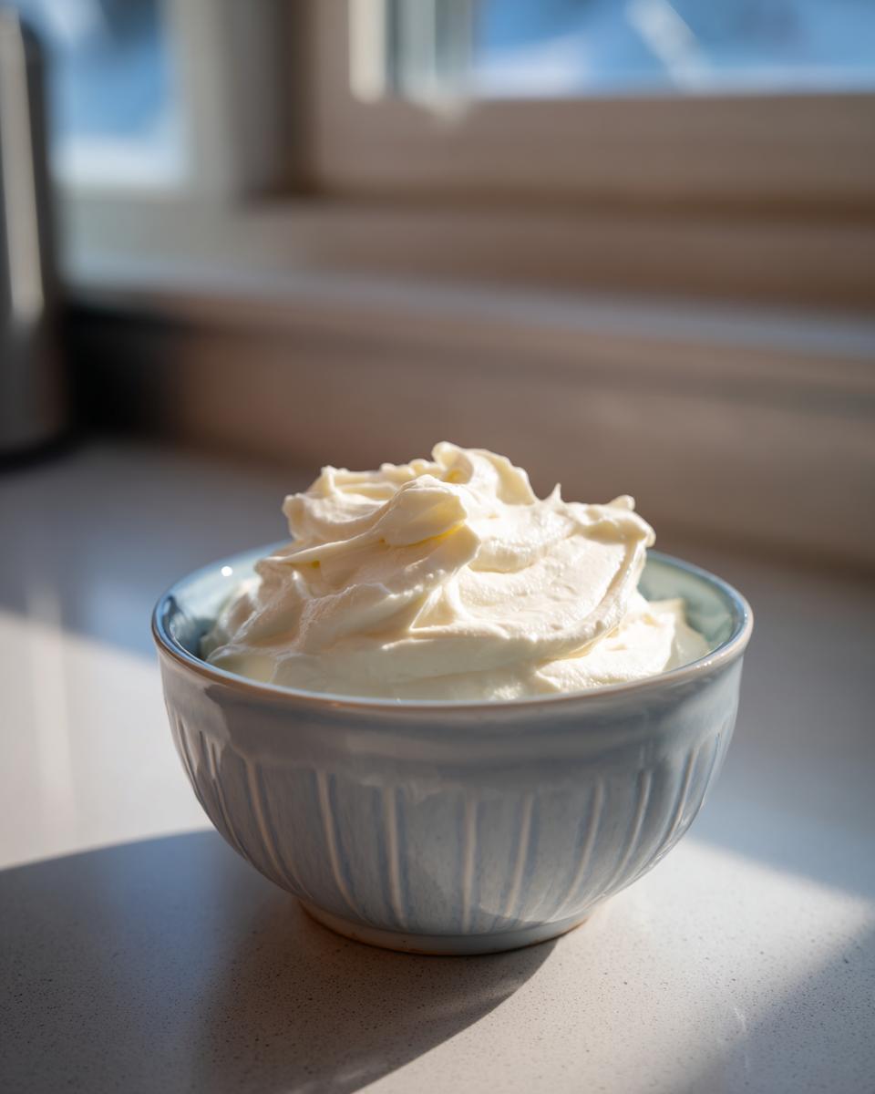 A light blue bowl filled with fluffy, creamy garlic aioli, ready to be served.