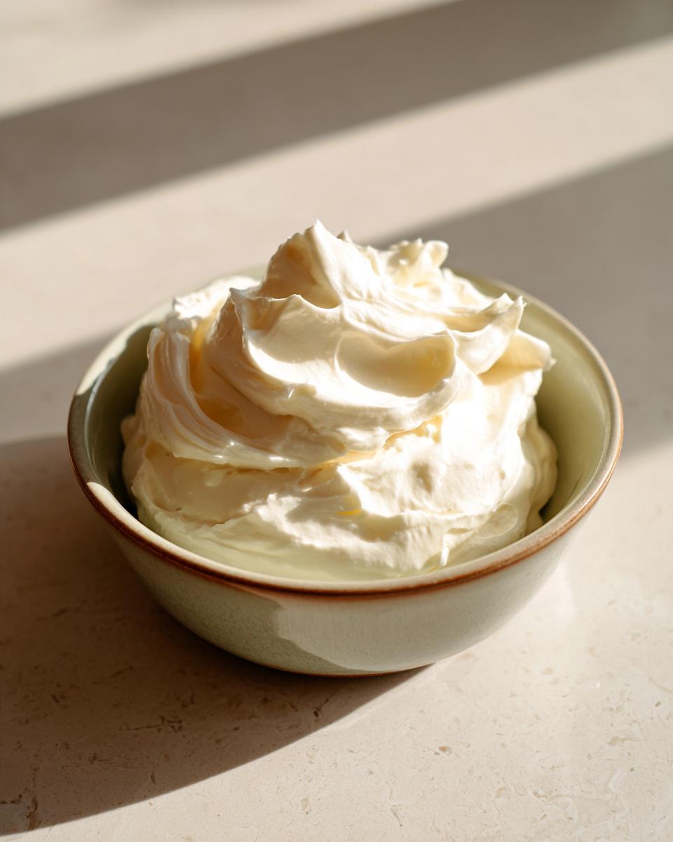 A close-up shot of smooth, creamy garlic aioli swirled in a light green bowl, with sunlight casting shadows.