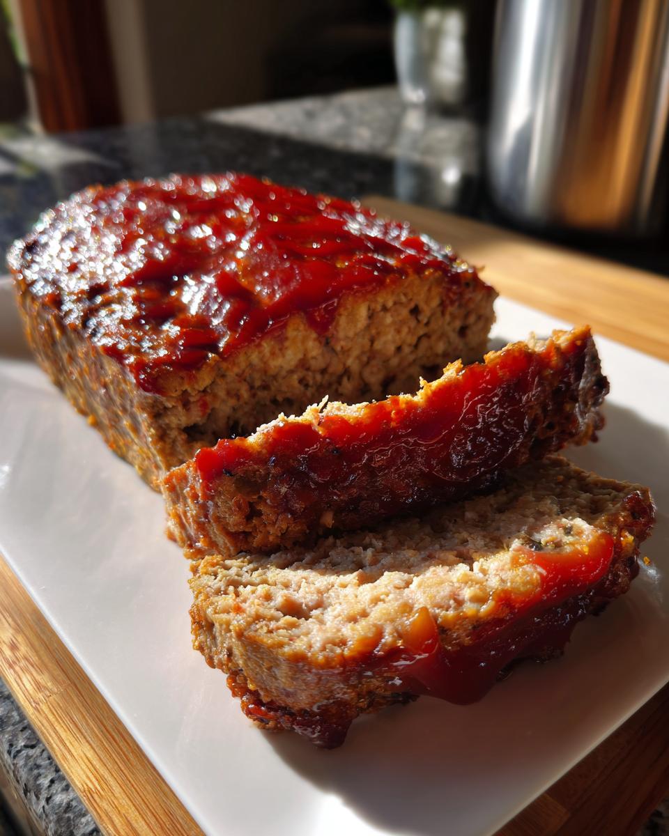 A moist Garlic Butter Turkey Meatloaf topped with a shiny red glaze, sliced on a white plate.