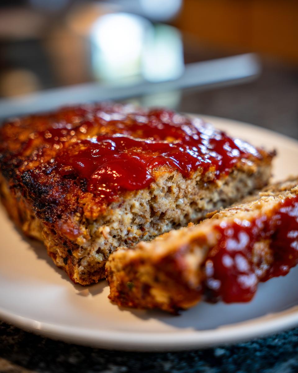 A close-up of a slice of garlic butter turkey meatloaf, topped with a shiny red glaze.