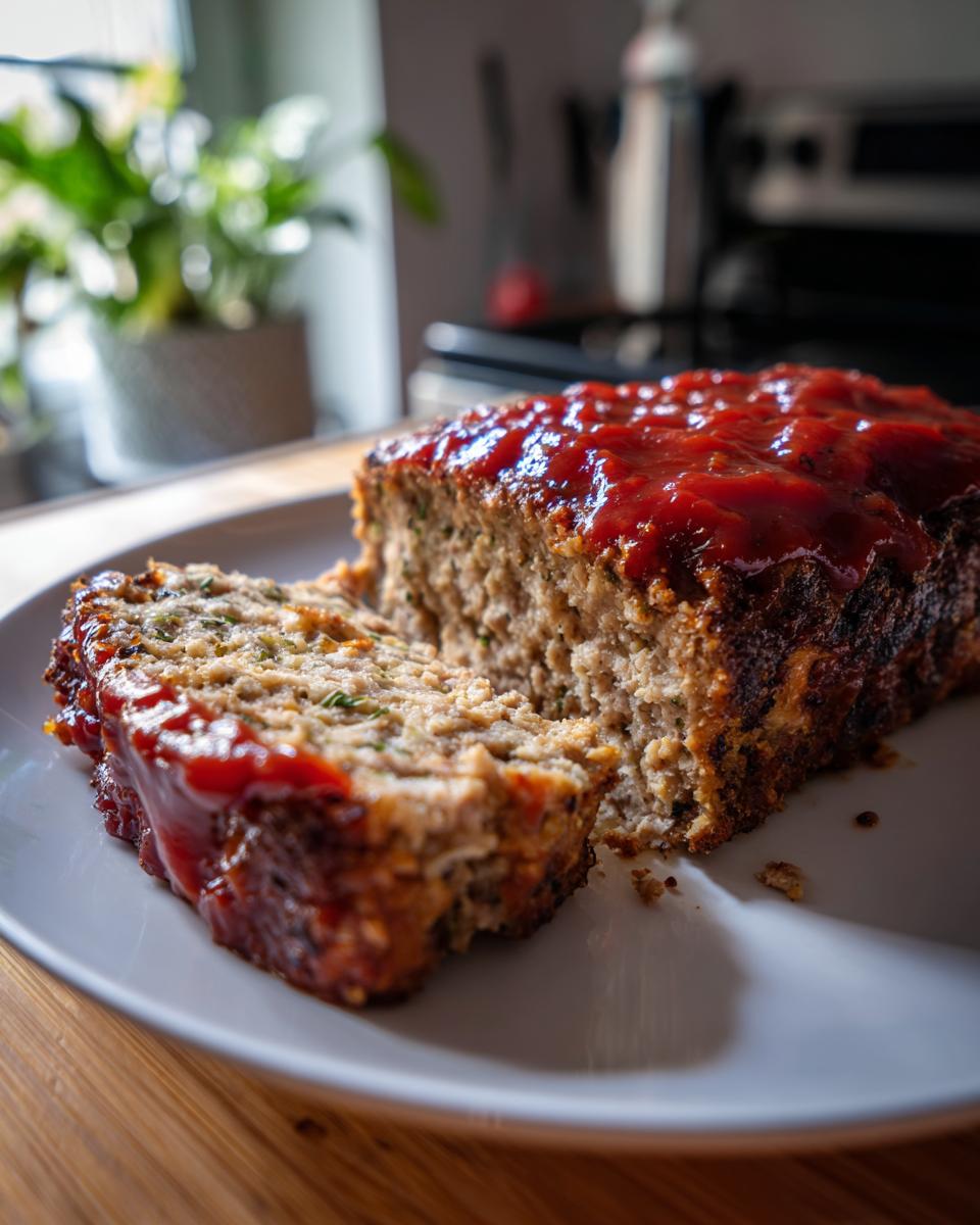 A slice of moist garlic butter turkey meatloaf topped with a glossy red glaze on a white plate.