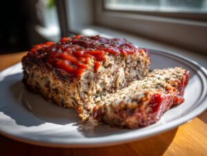A close-up of a slice of garlic butter turkey meatloaf topped with a rich glaze.