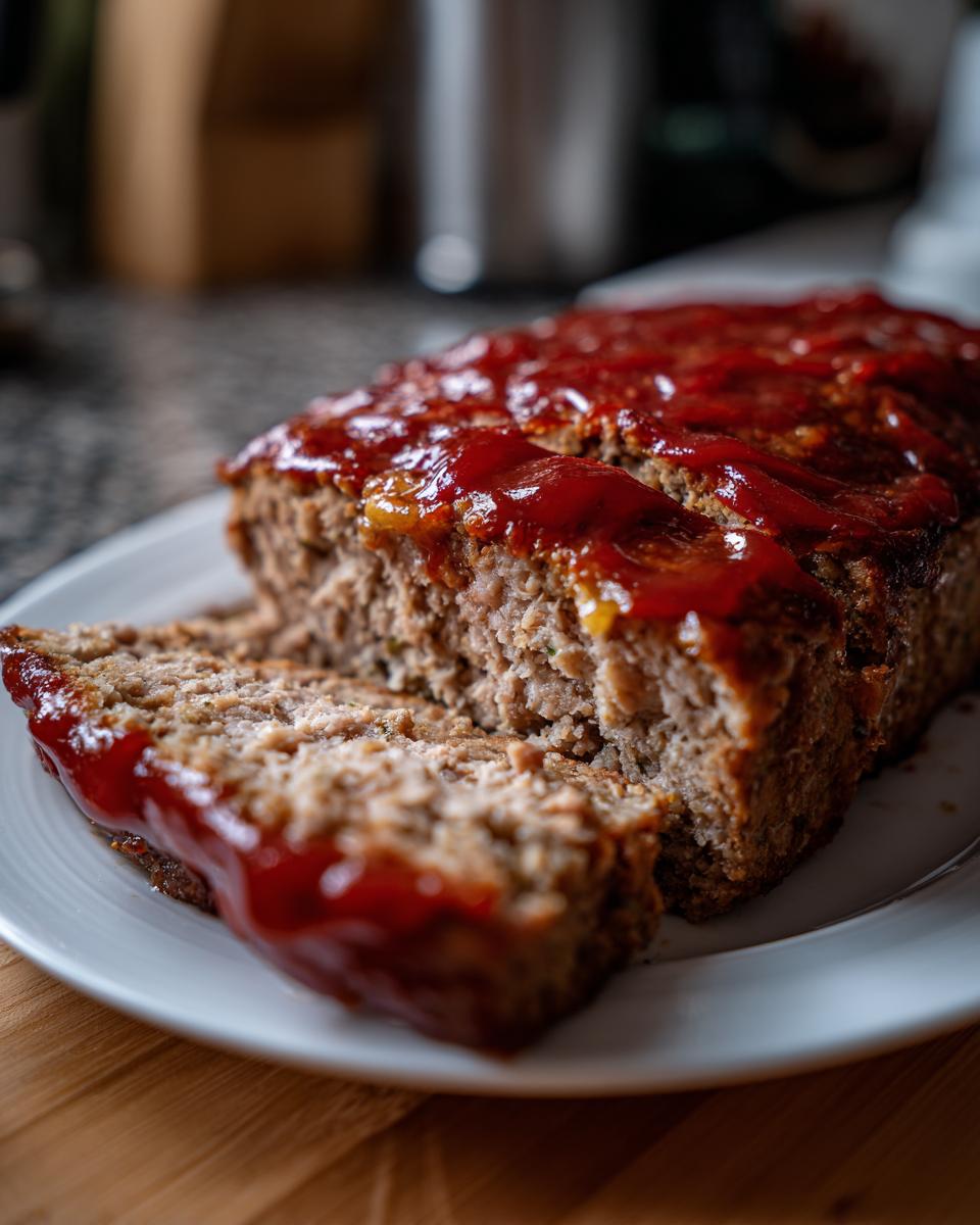 A close-up of a slice of moist Garlic Butter Turkey Meatloaf topped with a shiny red glaze.