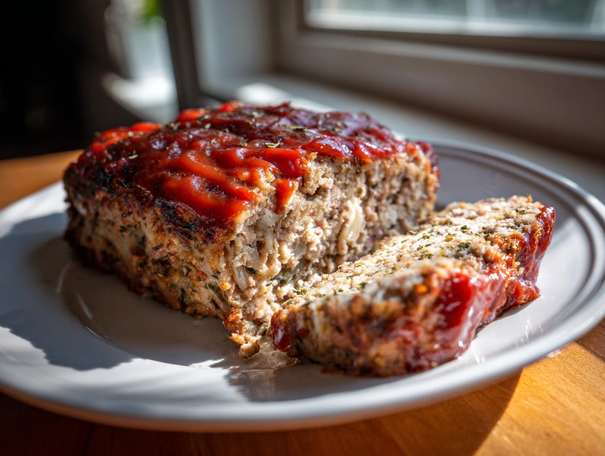 A close-up of a slice of garlic butter turkey meatloaf topped with a rich glaze.