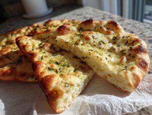 Close-up of freshly baked garlic naan bread, topped with melted butter and chopped herbs.