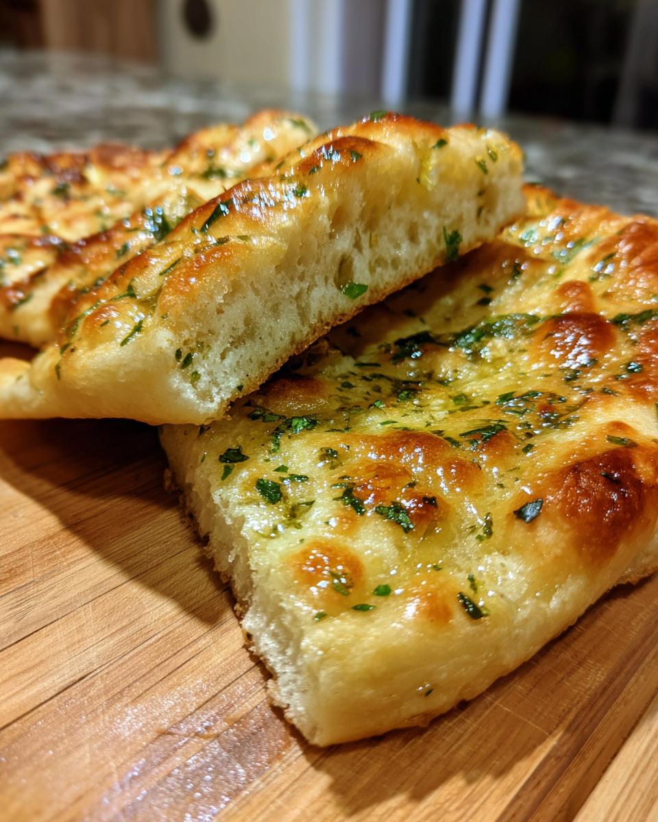 Close-up of fluffy garlic naan bread topped with melted butter and chopped parsley.