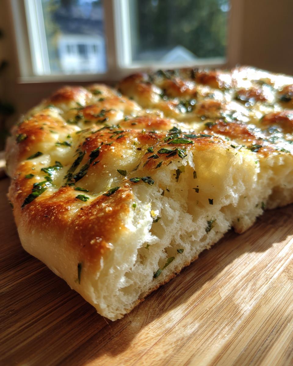 Close-up of a slice of fluffy garlic naan bread, topped with herbs and golden brown.