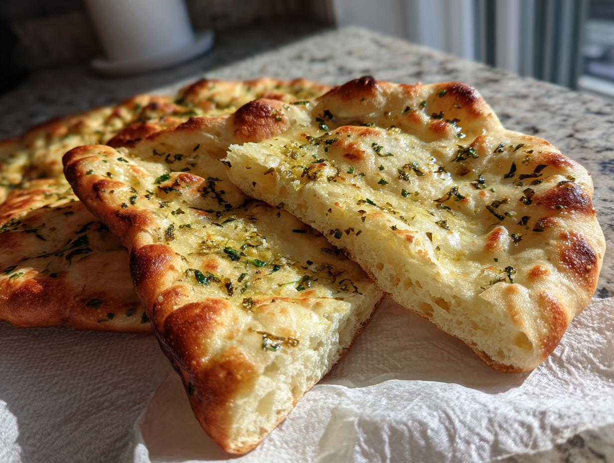 Close-up of freshly baked garlic naan bread, topped with melted butter and chopped herbs.
