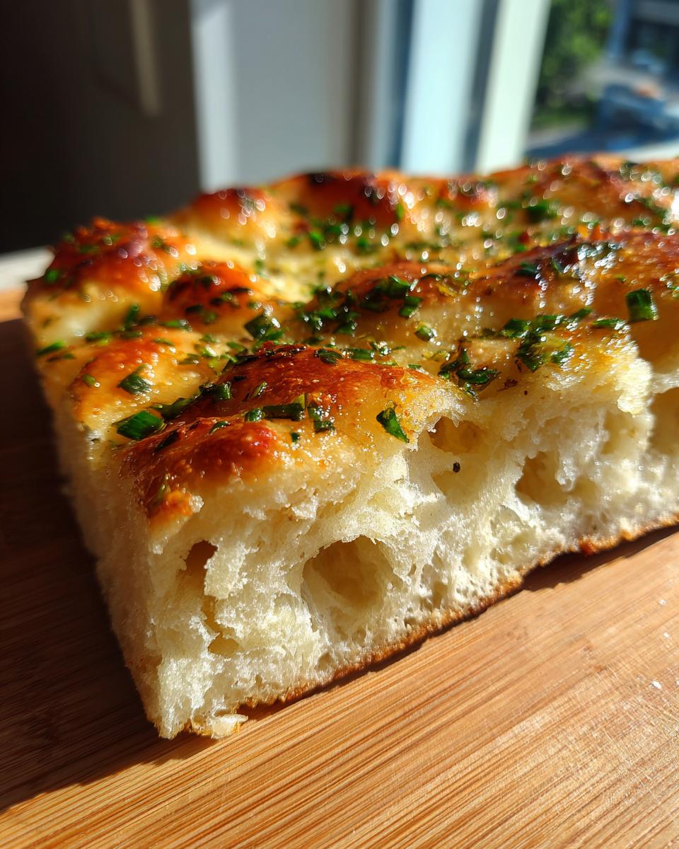 Close-up of a fluffy slice of homemade garlic naan bread with golden-brown crust and fresh herbs.