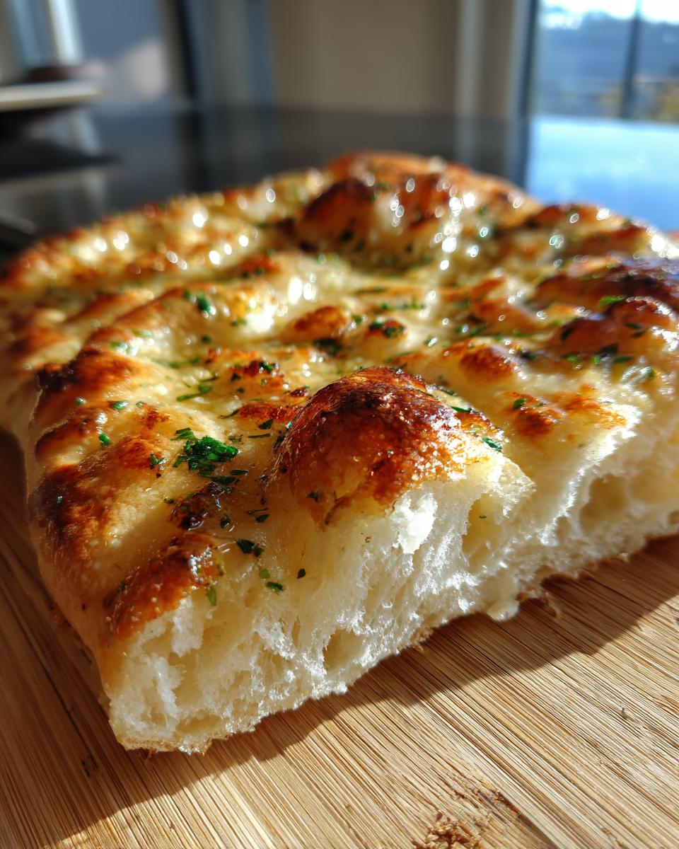 Close-up of a fluffy garlic naan bread slice, brushed with butter and sprinkled with herbs.