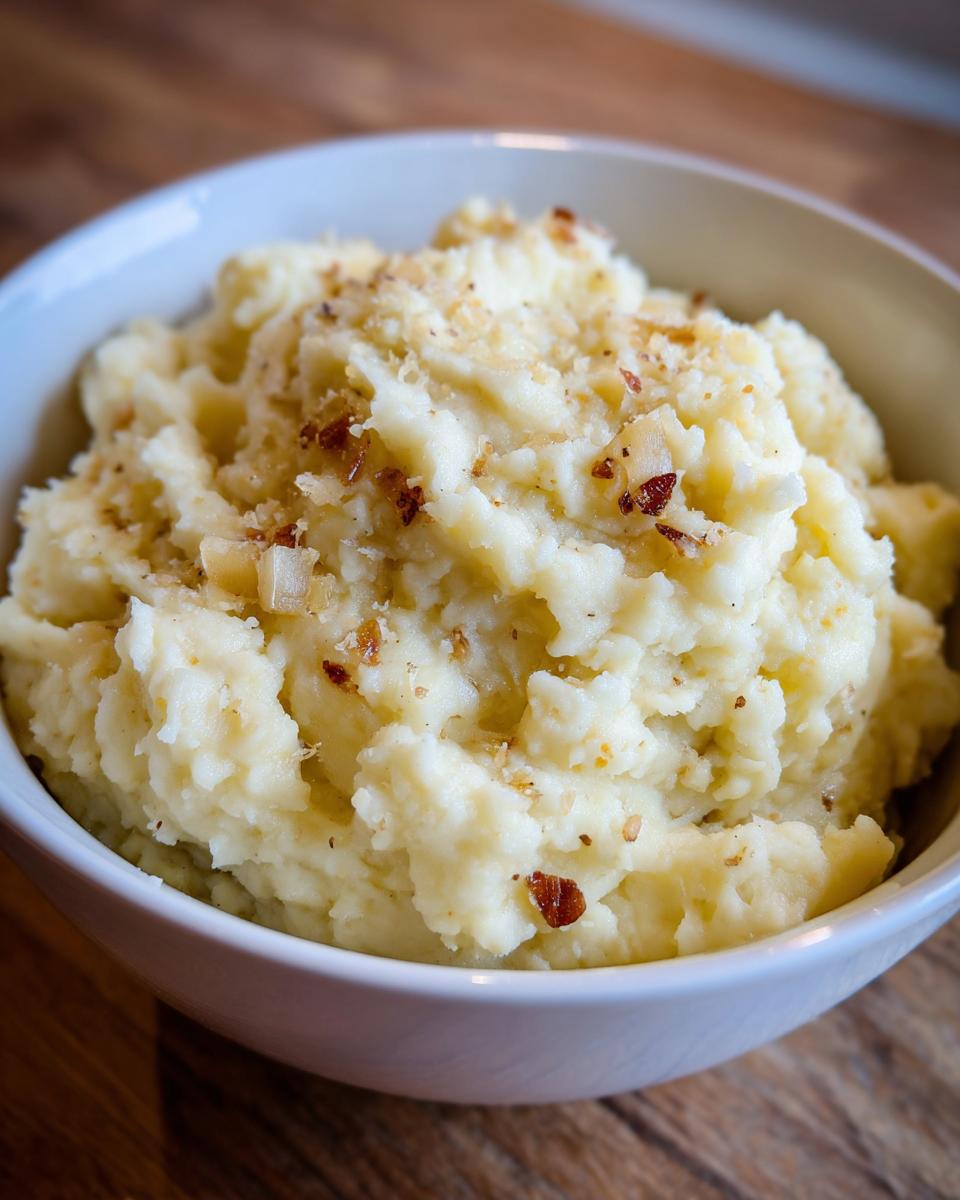 Close-up of a bowl of creamy garlic parmesan mashed potatoes topped with crispy bits.