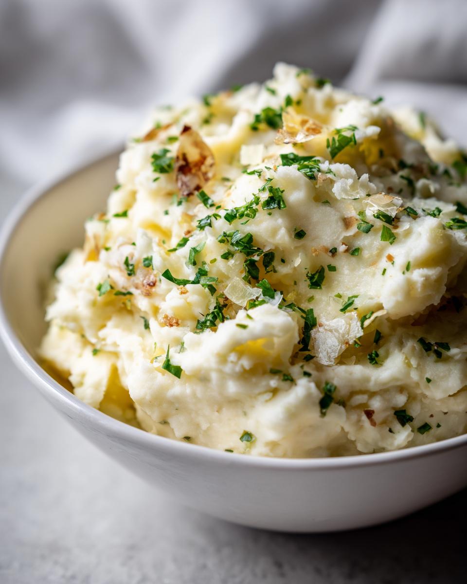 Close-up of a bowl of creamy garlic parmesan mashed potatoes, topped with fresh parsley and crispy garlic bits.