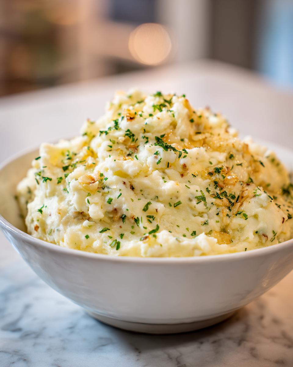 A bowl of creamy garlic parmesan mashed potatoes topped with fresh parsley and a drizzle of butter.