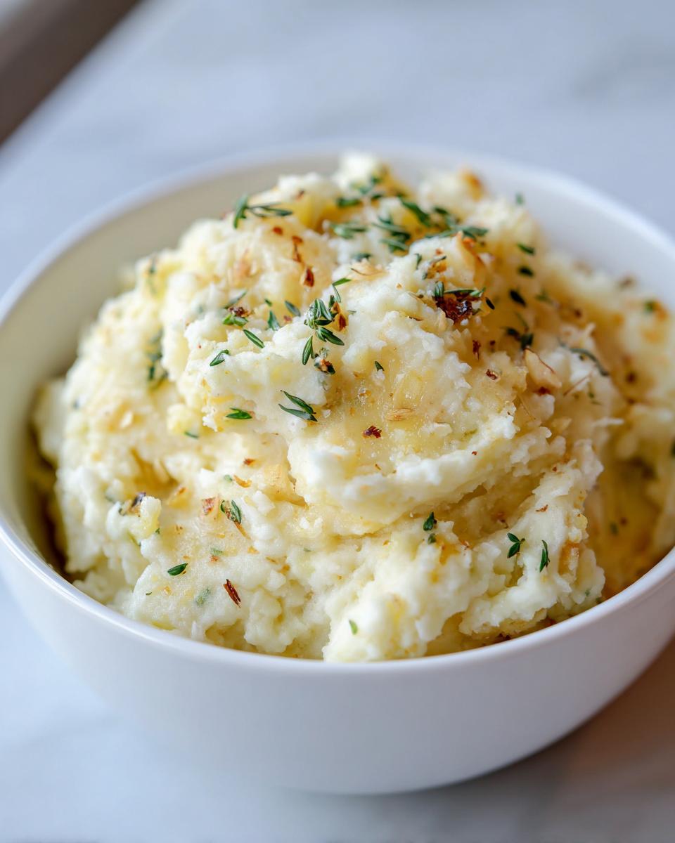 A close-up of creamy garlic parmesan mashed potatoes in a white bowl, topped with fresh herbs and a drizzle of butter.