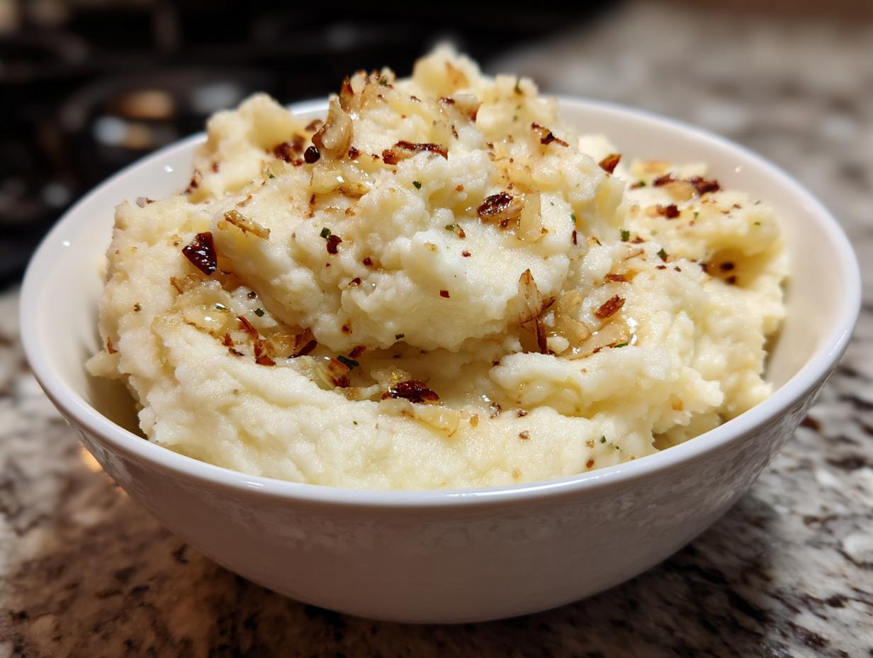 Close-up of a bowl of fluffy garlic parmesan mashed potatoes topped with crispy garlic and herbs.