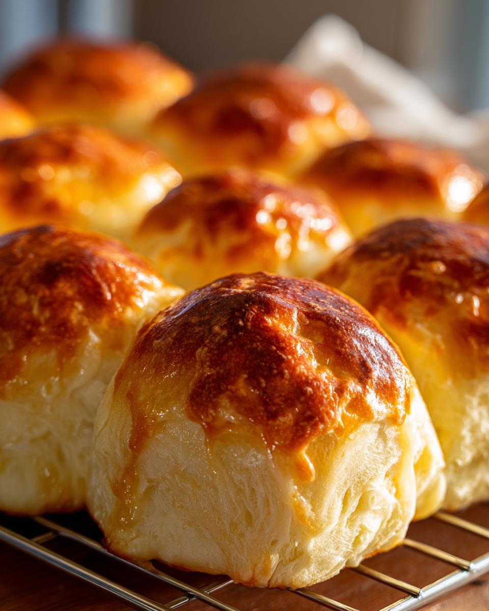 Close-up of golden-brown, freshly baked ham and cheese sliders on a cooling rack.
