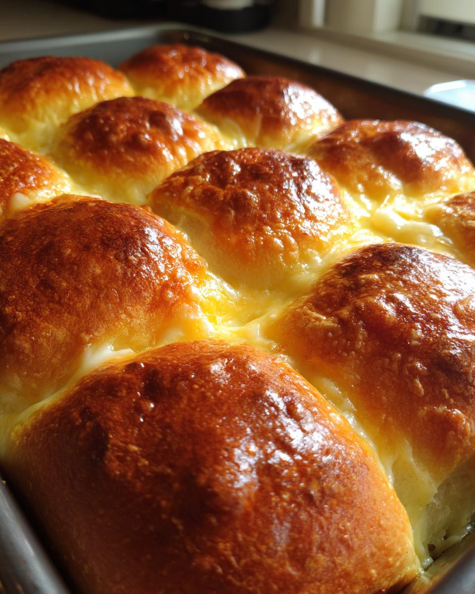 Close-up of golden-brown baked Ham and Cheese Sliders with melted cheese oozing between them.