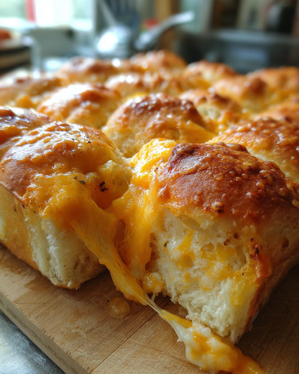 Close-up of gooey melted cheese stretching from a baked Ham and Cheese Slider.