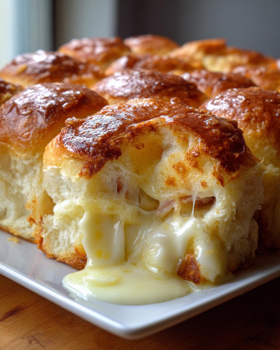 Close-up of gooey melted cheese oozing from a baked Ham and Cheese Slider.