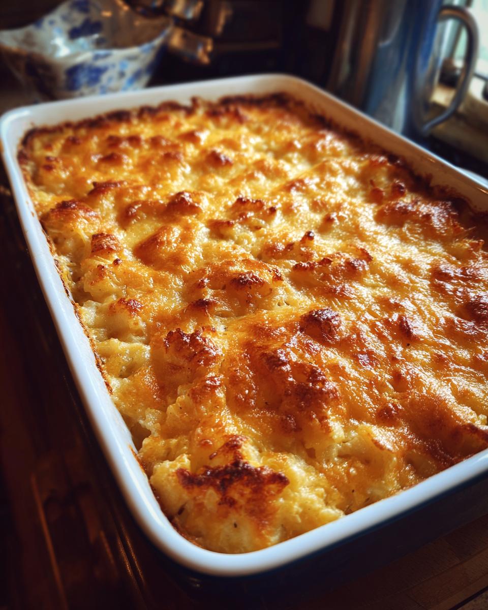 Close-up of a bubbly, golden-brown hashbrown casserole fresh from the oven.