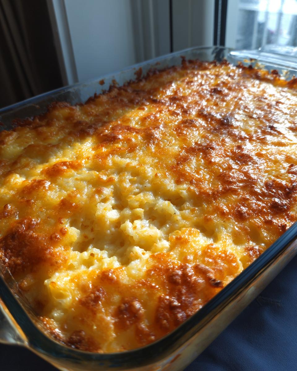 Close-up of a bubbly, golden-brown hashbrown casserole in a glass baking dish, ready to serve.