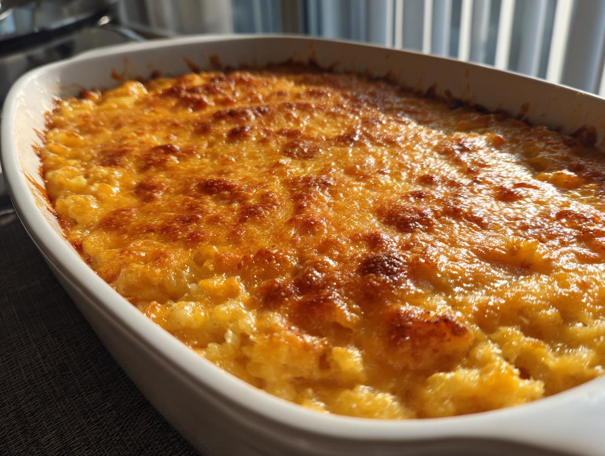 Close-up of a golden-brown baked hashbrown casserole in a white dish, bubbling and cheesy.