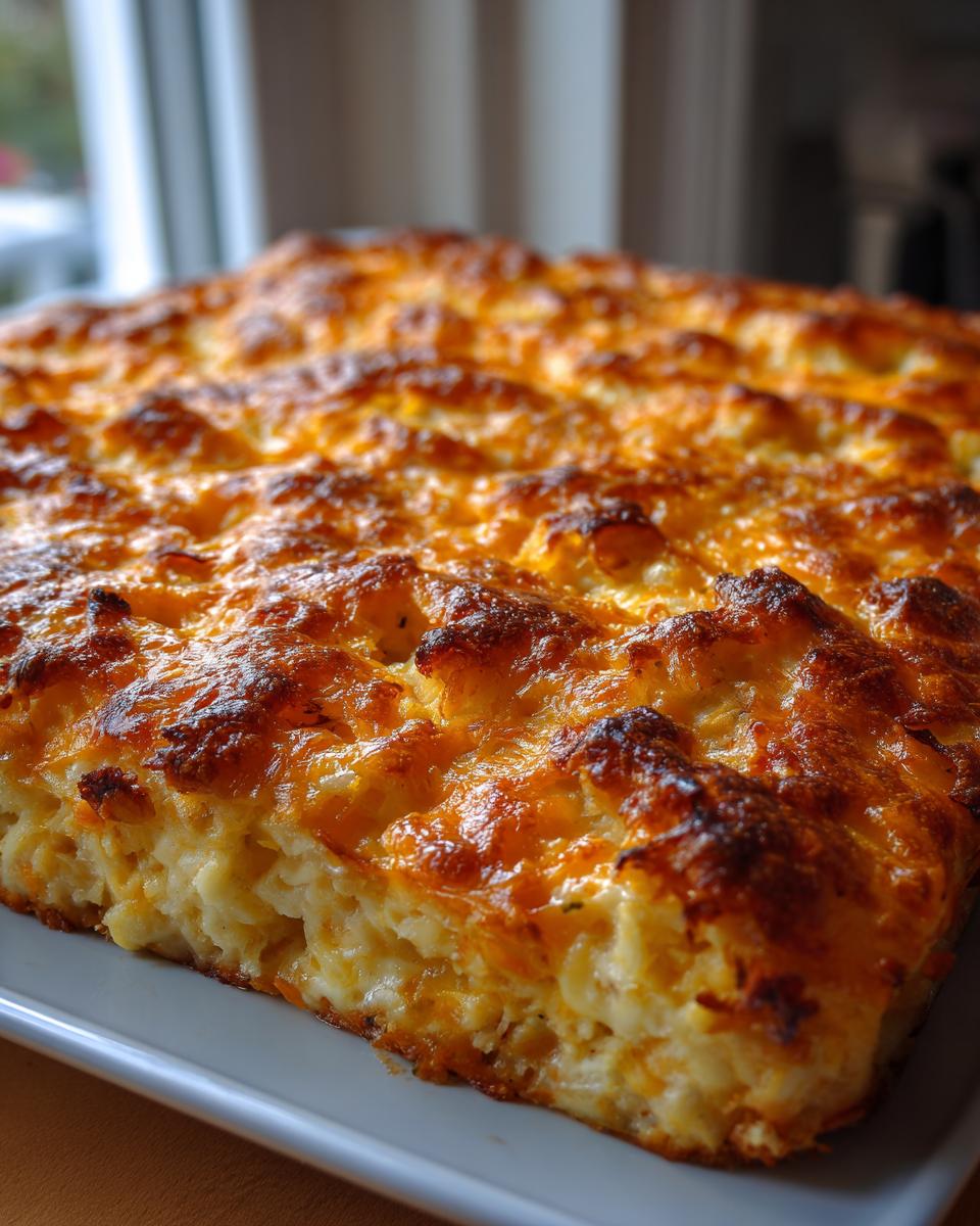 Close-up of a golden brown, cheesy hashbrown casserole fresh from the oven.