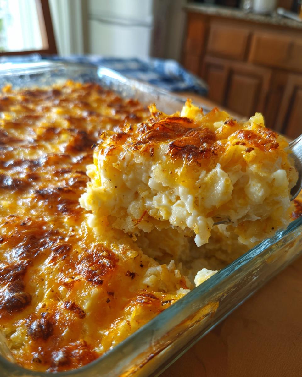 A serving spoon lifts a portion of golden-brown hashbrown casserole from a glass baking dish.