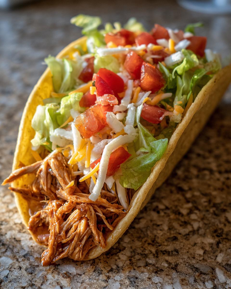 A close-up of a healthy crockpot chicken taco filled with shredded chicken, lettuce, tomatoes, and cheese.