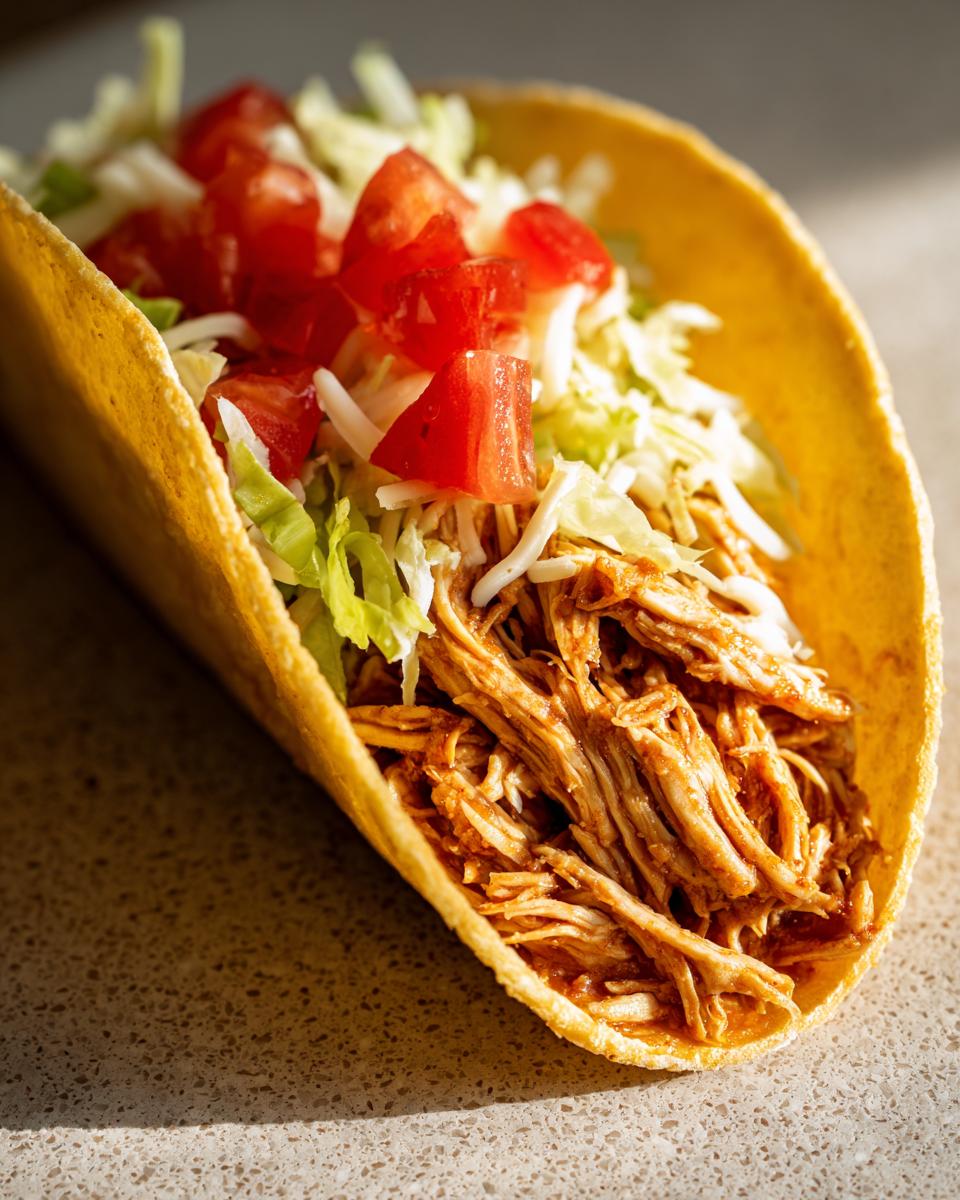 A close-up of a healthy crockpot chicken taco filled with shredded chicken, lettuce, tomatoes, and cheese.