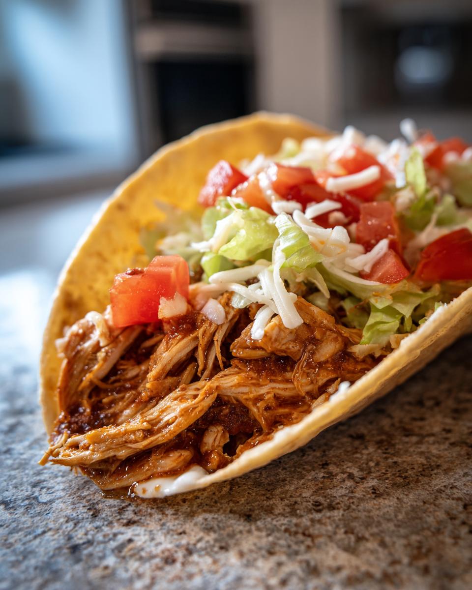 A close-up of a healthy crockpot chicken taco filled with shredded chicken, lettuce, tomatoes, cheese, and a dollop of sour cream.