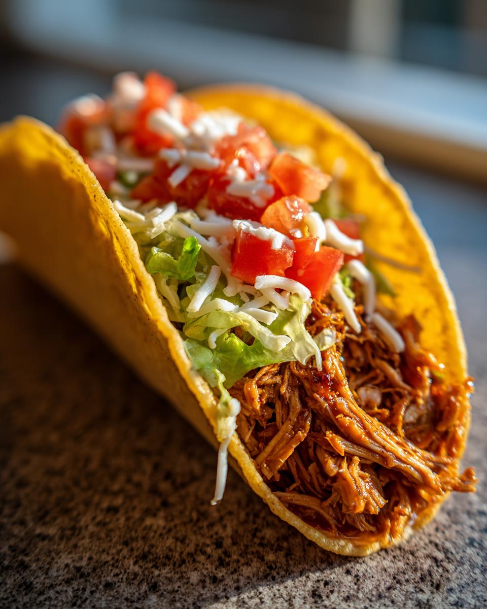 Close-up of a healthy crockpot chicken taco filled with shredded chicken, lettuce, tomatoes, and cheese.
