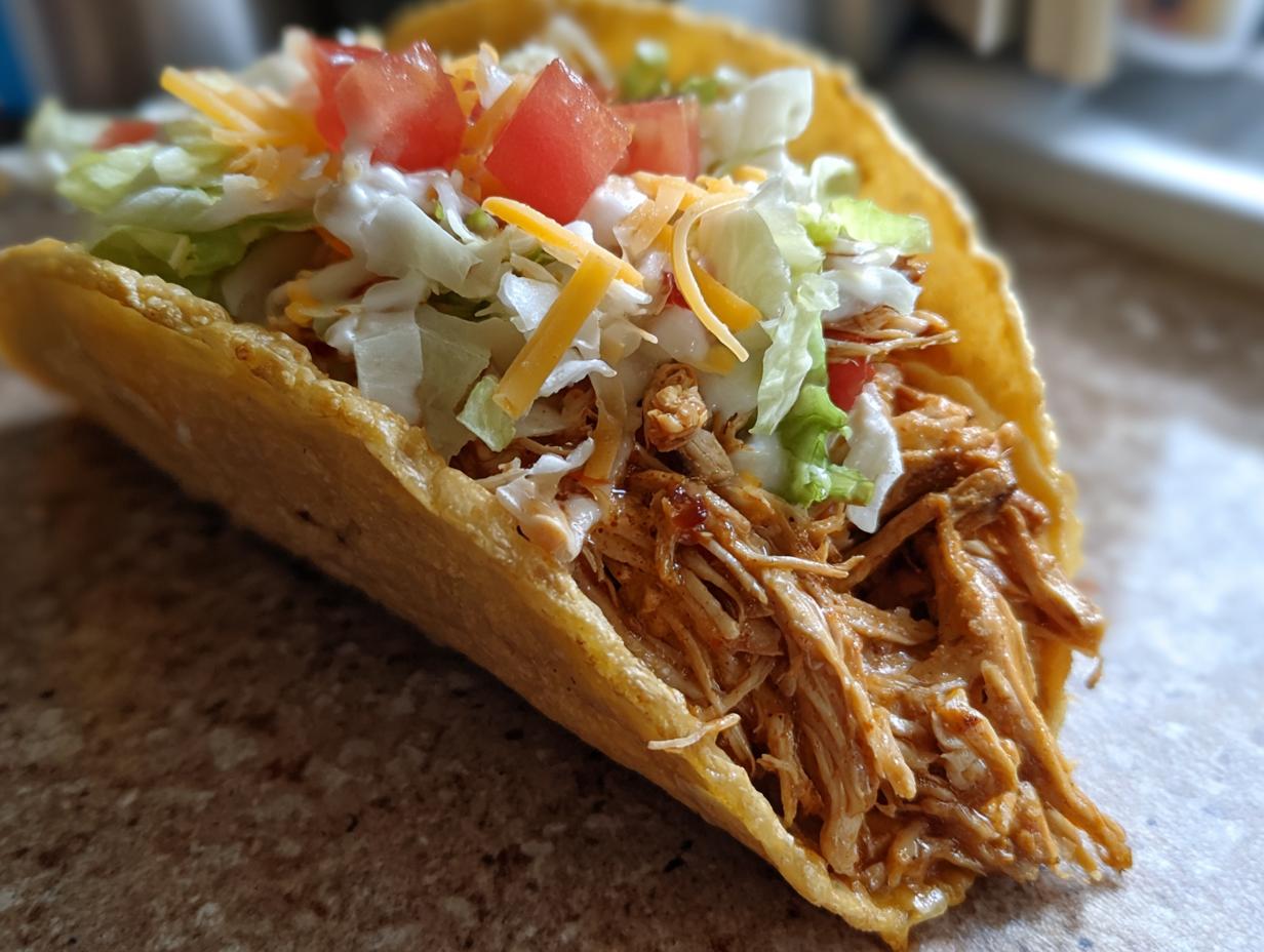 A close-up of a crunchy taco shell filled with shredded chicken, lettuce, tomatoes, cheese, and sour cream.