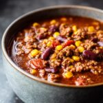 A close-up of a bowl filled with hearty chili, featuring ground beef, kidney beans, and corn.