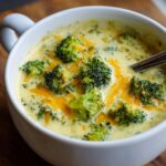 A steaming bowl of high protein broccoli cheddar soup, topped with melted cheddar cheese and fresh broccoli florets.