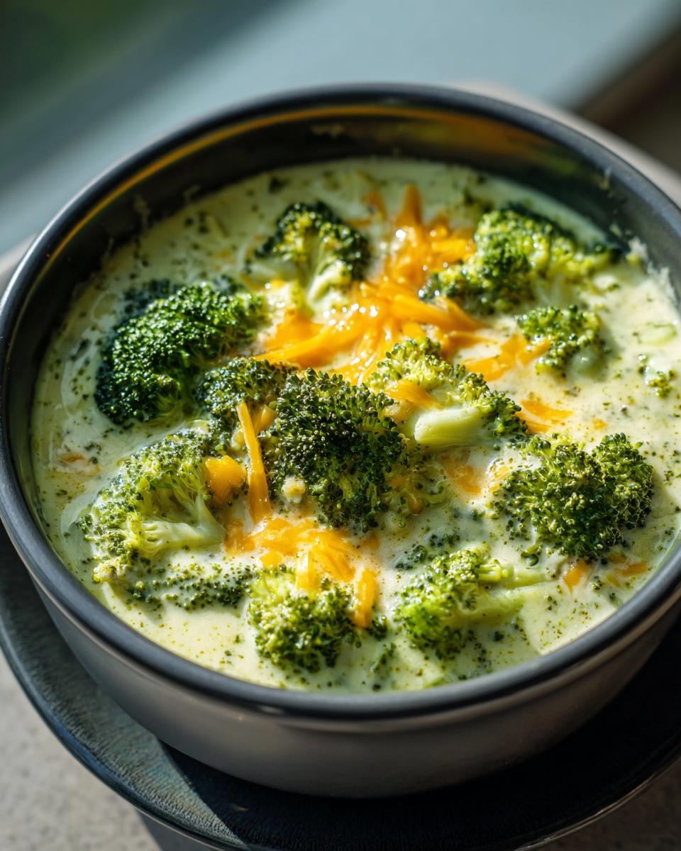 A close-up view of a bowl of high protein broccoli cheddar soup, topped with fresh broccoli florets and shredded cheddar cheese.